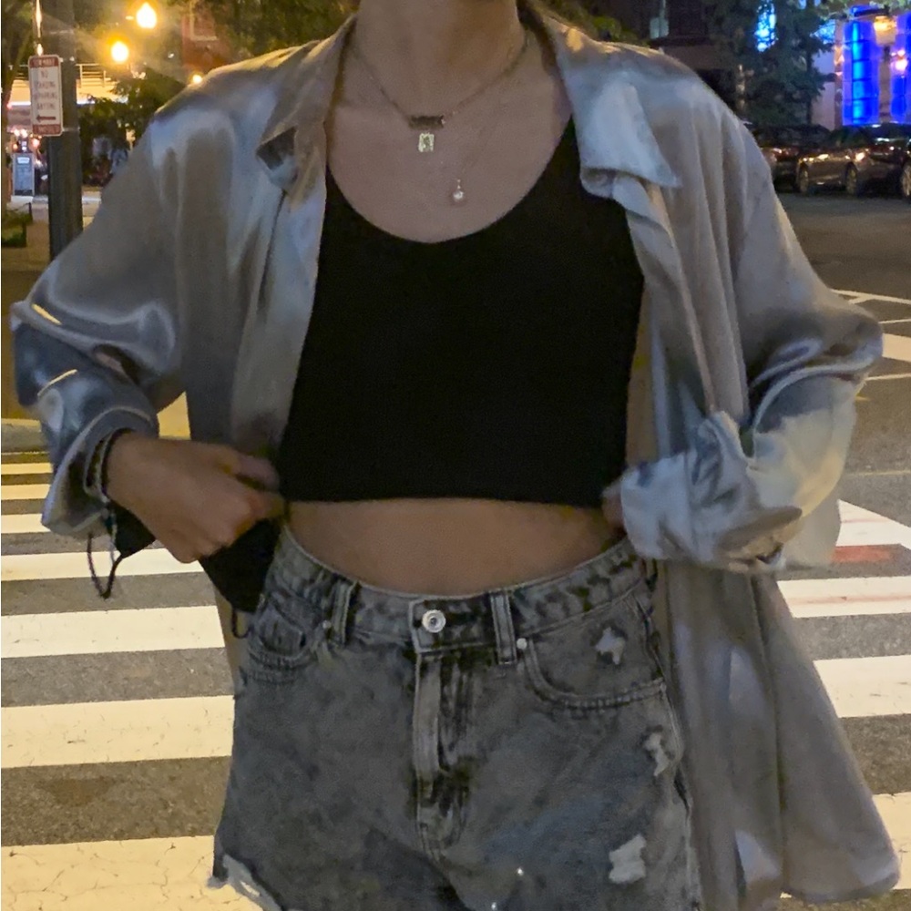 Grey silk button-down blouse - Picture 3 of 4